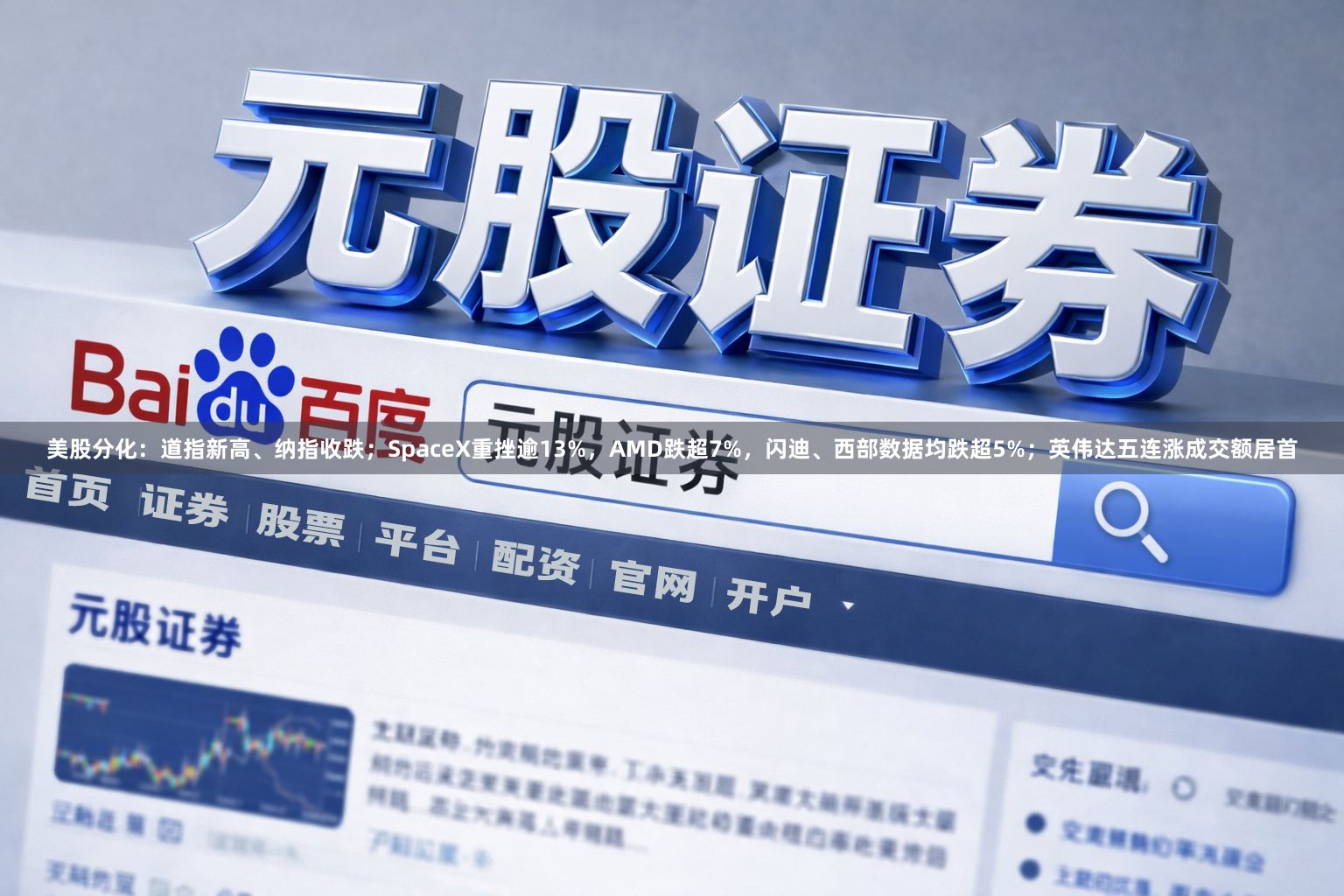 美股分化：道指新高、纳指收跌；SpaceX重挫逾13%，AMD跌超7%，闪迪、西部数据均跌超5%；英伟达五连涨成交额居首