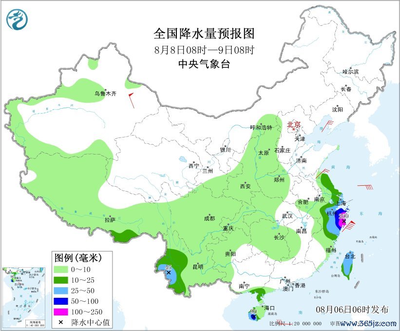 全国降水量预报图（8月8日08时-9日08时）配资系统