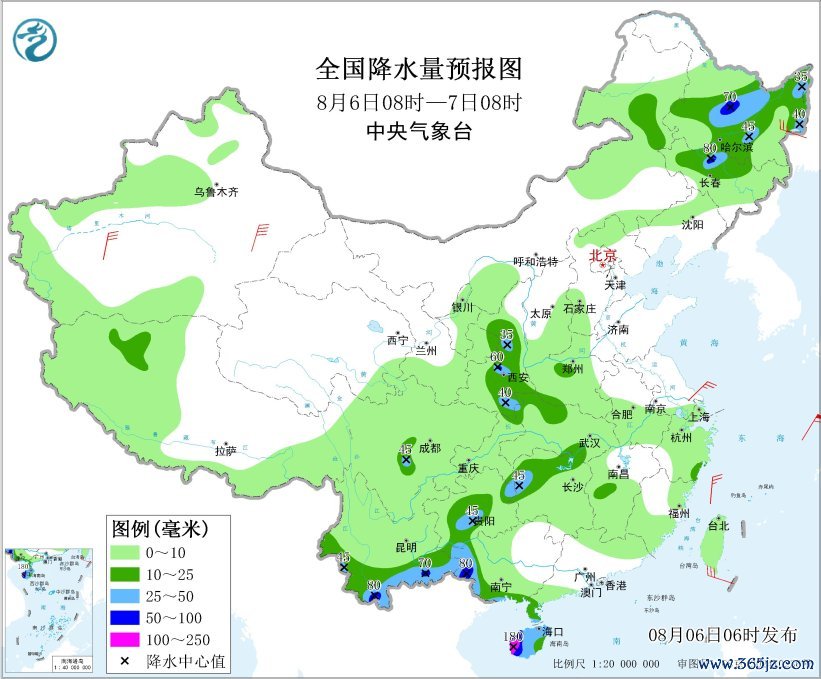 全国降水量预报图（8月6日08时-7日08时）